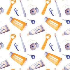 Seamless pattern of dental care set, oral hygiene products. Toothpaste, manual toothbrush, dental floss, interdental brushes, tongue depressor. Dental care, teeth cleaning. Repeating vector pattern.