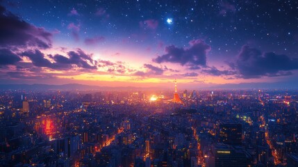 Obraz premium Tokyo Skyline at Night with Stars