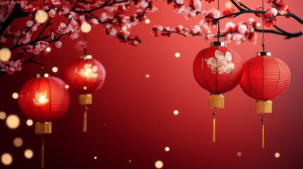Fototapeta premium A red background with four red lanterns hanging from a tree