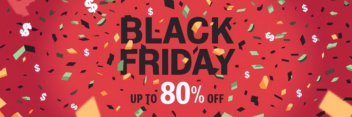 Black Friday sale up to 80% off, with large black text on a red background with falling confetti