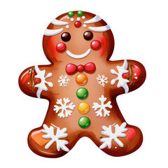 Naklejka premium A cheerful gingerbread man cookie, decorated with colorful icing and festive patterns, symbolizing holiday cheer and baking traditions.