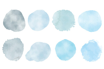Set of blue watercolor hand painted round shapes, stains, circles, blobs isolated on white. Elements for artistic design