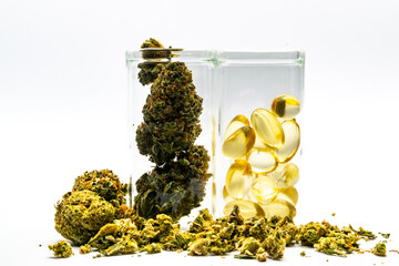 Close up of Cannabis buds or flowers: dried, harvested blossoms of the cannabis plant covered in a...