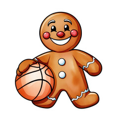 Obraz premium A cheerful gingerbread man holds a basketball, combining festive sweetness with a sporty theme.