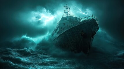 Fototapeta premium A ship battles a raging storm with lightning striking in the distance.