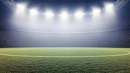 Illuminated Soccer Field at Night, Prepared for a Championship Match with Blurry Cheering Fans