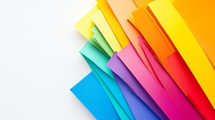 Stack of colored paper sheets, vibrant rainbow hues, isolated on white background