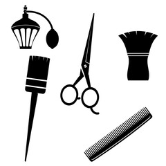 Vector Silhouettes of hairdressing accessories isolated on white background. Hairdresser tool. Scissors, comb, hairbrush for barbershop.