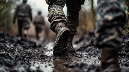 close up of armed force personnel stepping in thick mud 