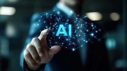 Business professional interacts with digital AI interface in a modern office setting during the evening