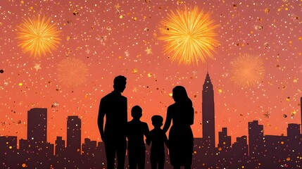 Fototapeta premium Family Silhouette Fireworks Cityscape