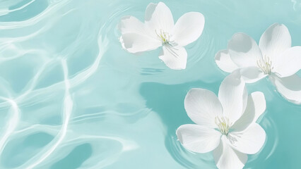 Spring blossom petals drift softly on a tranquil stream of clear water