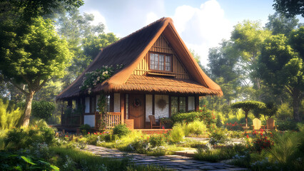 A quaint wooden cottage features a thatched roof and a lush, blooming garden