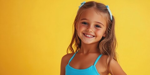 adorable young girl in a blue swimsuit set against a yellow background, smiling, embodying the idea of beach relaxation