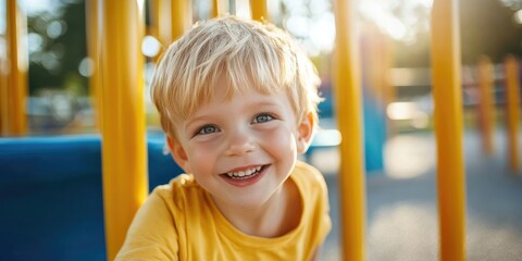 Happy little blonde boy playing around on the playground, enjoying the summer outdoors.