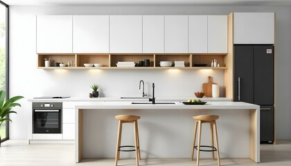 Fototapeta premium A modern, minimalist kitchen with white cabinets, wooden accents, and a marble countertop. The kitchen features open shelving, a sink, and two wooden stools at the counter