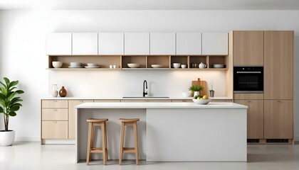 Fototapeta premium A modern, minimalist kitchen with white cabinets, wooden accents, and a marble countertop. The kitchen features open shelving, a sink, and two wooden stools at the counter
