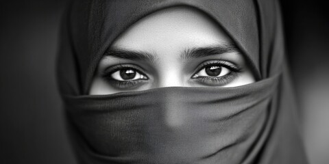Naklejka premium Close-up view of a lovely lady wearing a hijab, jilbab, niqab, and scarf covering her face, revealing only her beautiful eyes. Suitable for incorporating design elements. Black and white with grain.