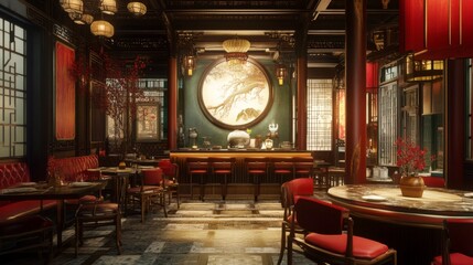 A restaurant with red chairs and tables, and a large round mirror