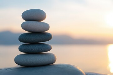 Stones standing on top of each other against the backdrop of a sunset on the seashore