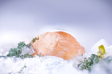 Titanite with dark green chlorite, light green Epidote on clear Calcite. Specimen from Arvigo, Calanca, Switzerland. Micro photography extreme close-up. microscope mineral crystal for Scientific use
