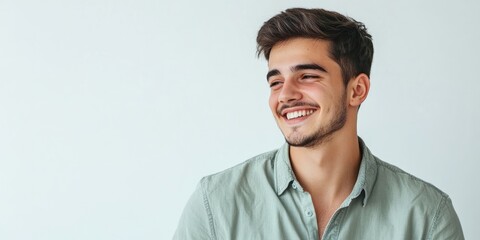 Young attractive man in a casual shirt, placed against a white background, gazing to the side with a smile on his face, displaying a natural expression. He appears to be laughing confidently.