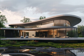 A sleek, futuristic house with curved glass walls and a floating cantilevered roof, set against a minimalistic landscape.