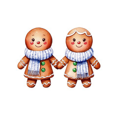 Fototapeta premium Two cheerful gingerbread figures in scarves, embodying a festive spirit with smiling faces and colorful buttons.