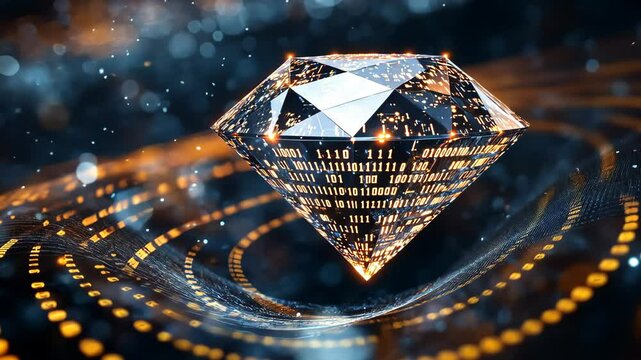 Digital diamond floating over binary code