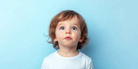 Fototapeta premium Portrait of a little boy expressing emotions against a light blue background, with space for text.