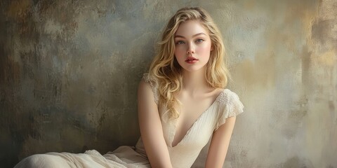 Naklejka premium Full-body portrait of a young, attractive blonde woman wearing a beige dress.