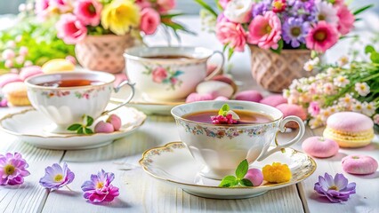 Fototapeta premium Vintage Tea Party Flowers Dishes Sweets - AI Photo
