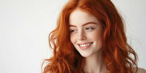 Fototapeta premium Portrait of a beautiful redhead girl smiling while looking to the side against a white background. Copy space.