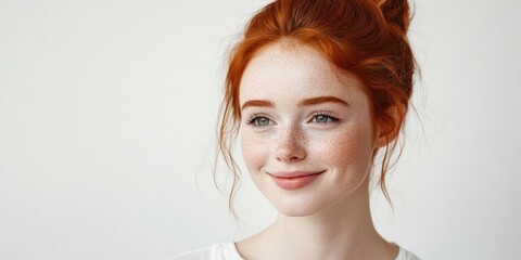 Fototapeta premium Portrait of a beautiful redhead girl smiling while looking to the side against a white background. Copy space.