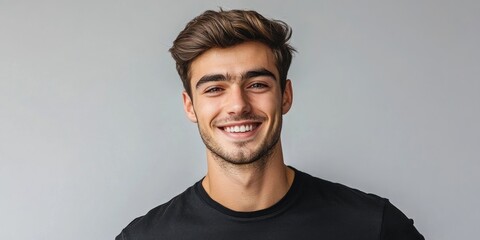 Obraz premium Portrait of a joyful young man with bright eyes and a radiant smile, dressed in a black t-shirt and having a trendy hairstyle, set against a light gray background. Copy space is available.