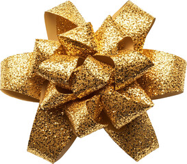 Shiny golden gift bow with textured ribbon loops on a white background. PNG transparent.