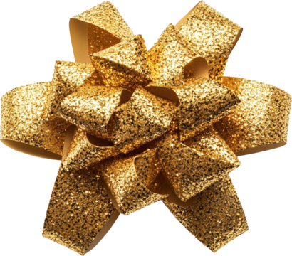 Shiny golden gift bow with textured ribbon loops on a white background. PNG transparent.