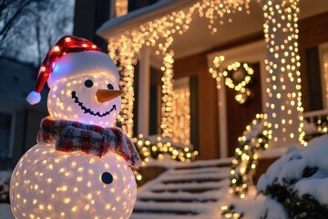 A snowman is standing in front of the American mansion decorated with many colorful lights garlands with light decorations in front of the house, decorated with Christmas lights. 