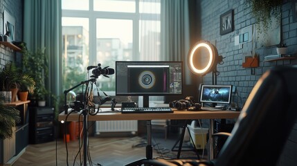 Bright, Natural Light Streaming Studio with Professional Camera, Ring Light, and Microphone Setup, Organized Desk and Lush Greenery Creating a Cozy and Productive Workspace for Content Creation
