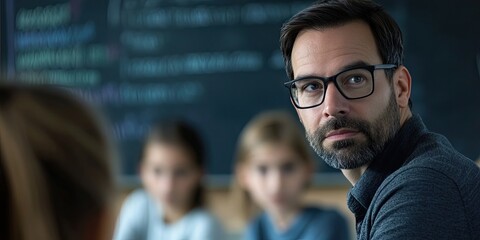 A serious teacher wearing eyeglasses looks at the camera while standing by a chalkboard.