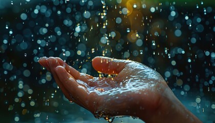 Fototapeta premium Water pouring on hand in morning transparent 