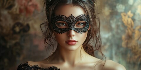 Obraz premium Attractive woman wearing a masquerade mask in a studio photograph.