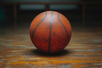 Obraz premium A well-worn basketball sits on a textured wooden floor, revealing visible signs of use. This top down perspective highlights the sports equipment in a gym setting, inviting play.