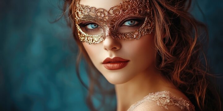 Attractive woman wearing a masquerade mask in a studio photograph.