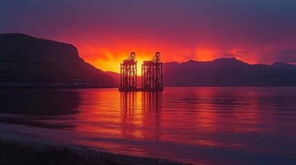 A silhouette of a pier structure against a fiery sunset.