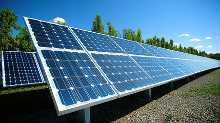 Solar Panels Installed in a Sunny Field Harnessing Renewable Energy in a Sustainable Environment