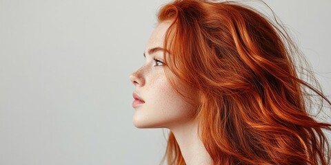 Naklejka premium Profile portrait of a 30-year-old attractive woman with long wavy red hair, set against a white background. Concept of natural beauty.