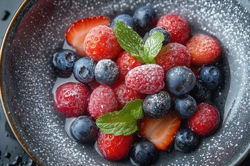 Obraz premium A vibrant assortment of fresh strawberries, blueberries, and raspberries fills a bowl, garnished with mint leaves and a light dusting of powdered sugar.