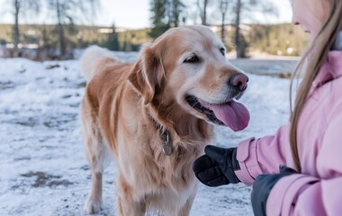 Golden retriever dog with tongue out enjoying girl hands on winter nature background