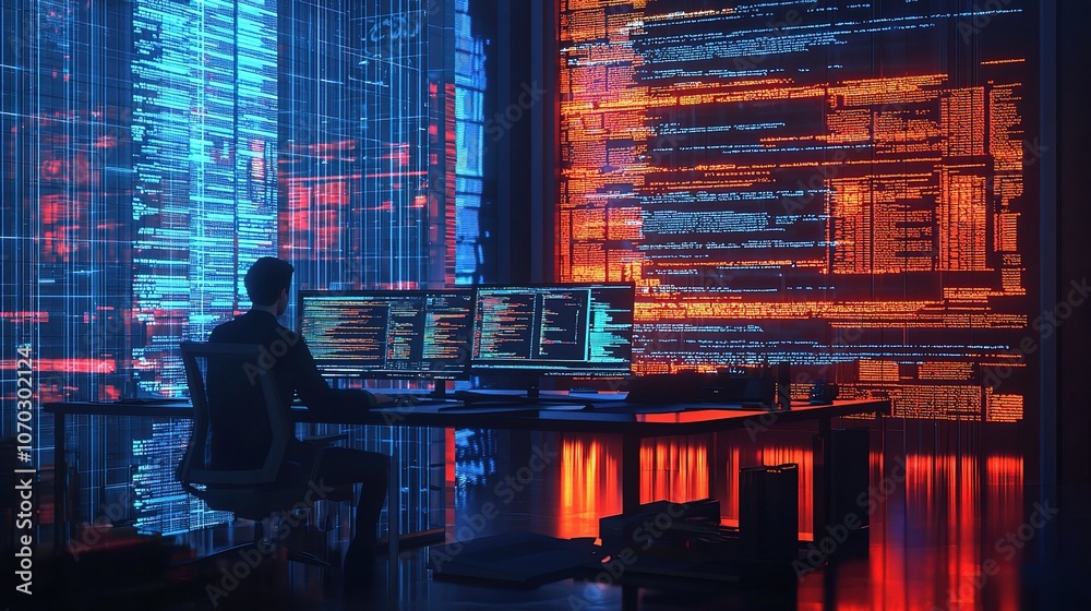 Poster futuristic data analysis environment with programmer